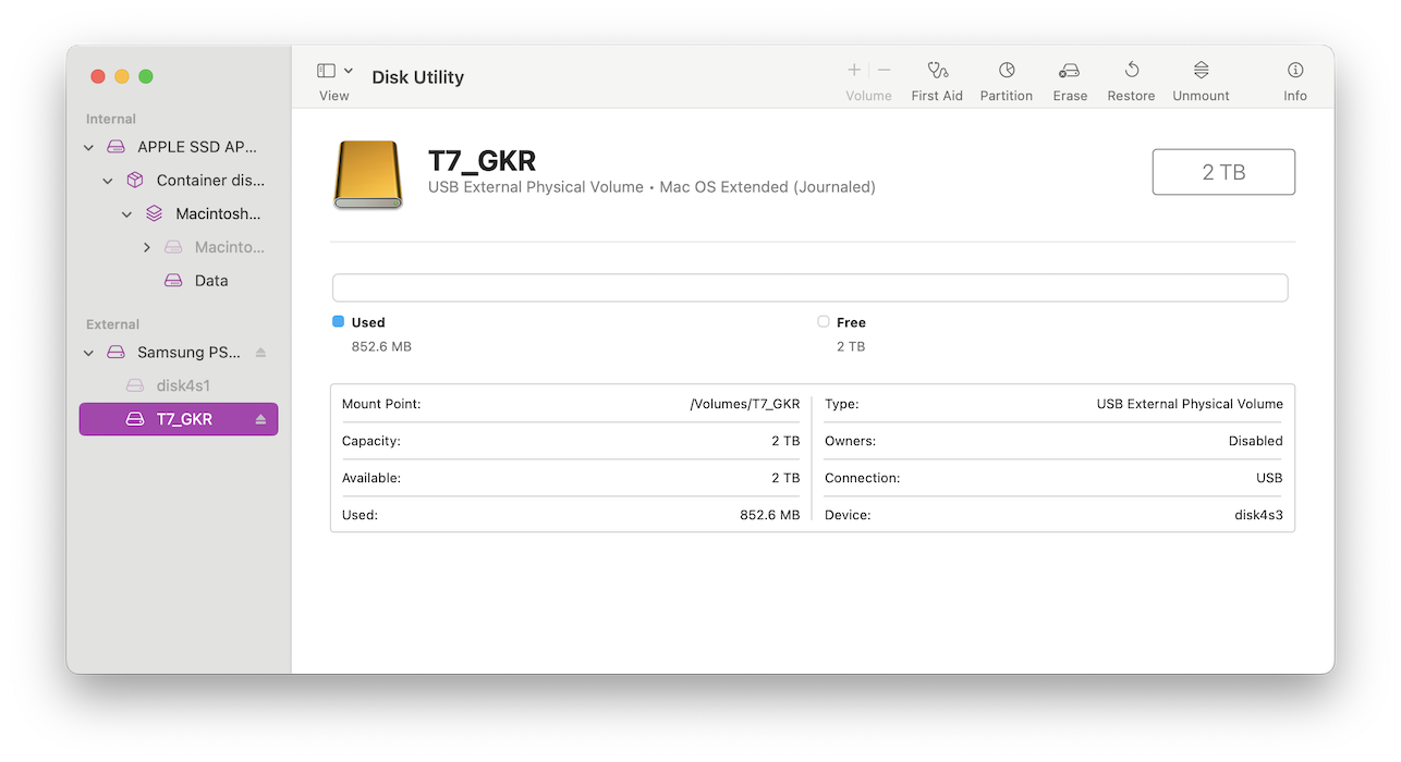 SSD viewed in Disk Utility after erase