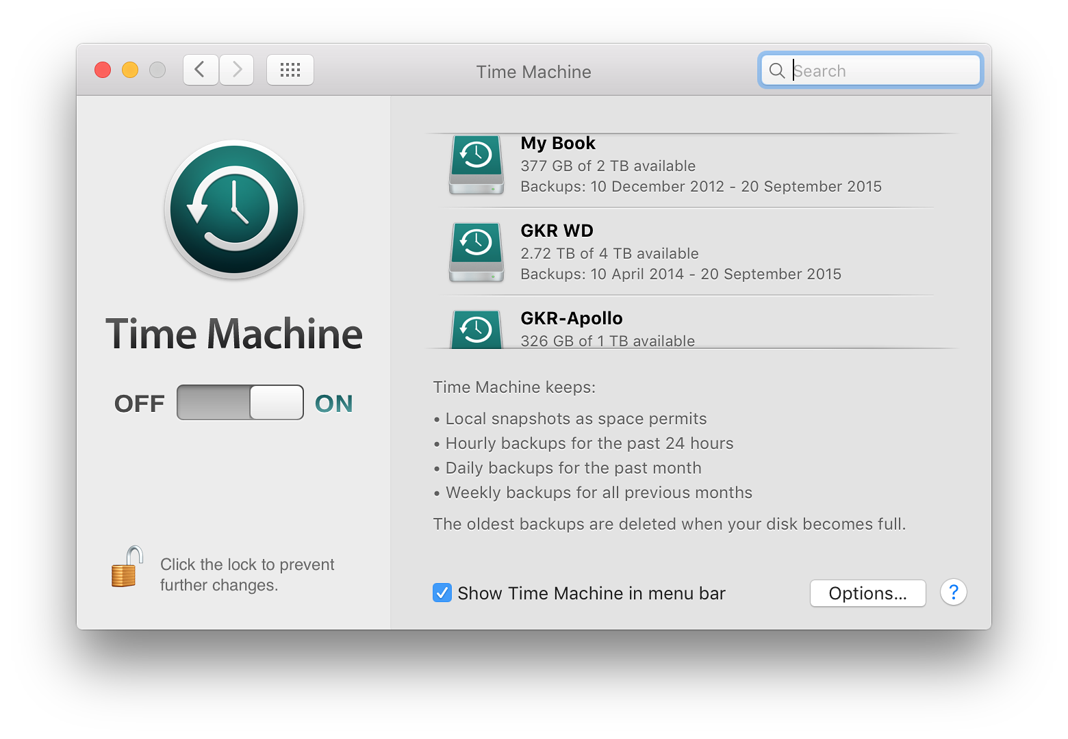 System Preferences, Time Machine