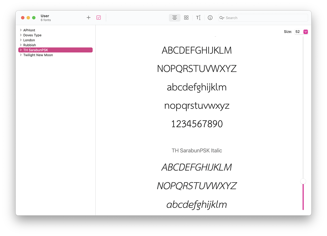 Sarabun fonts in Font Book on the Mac