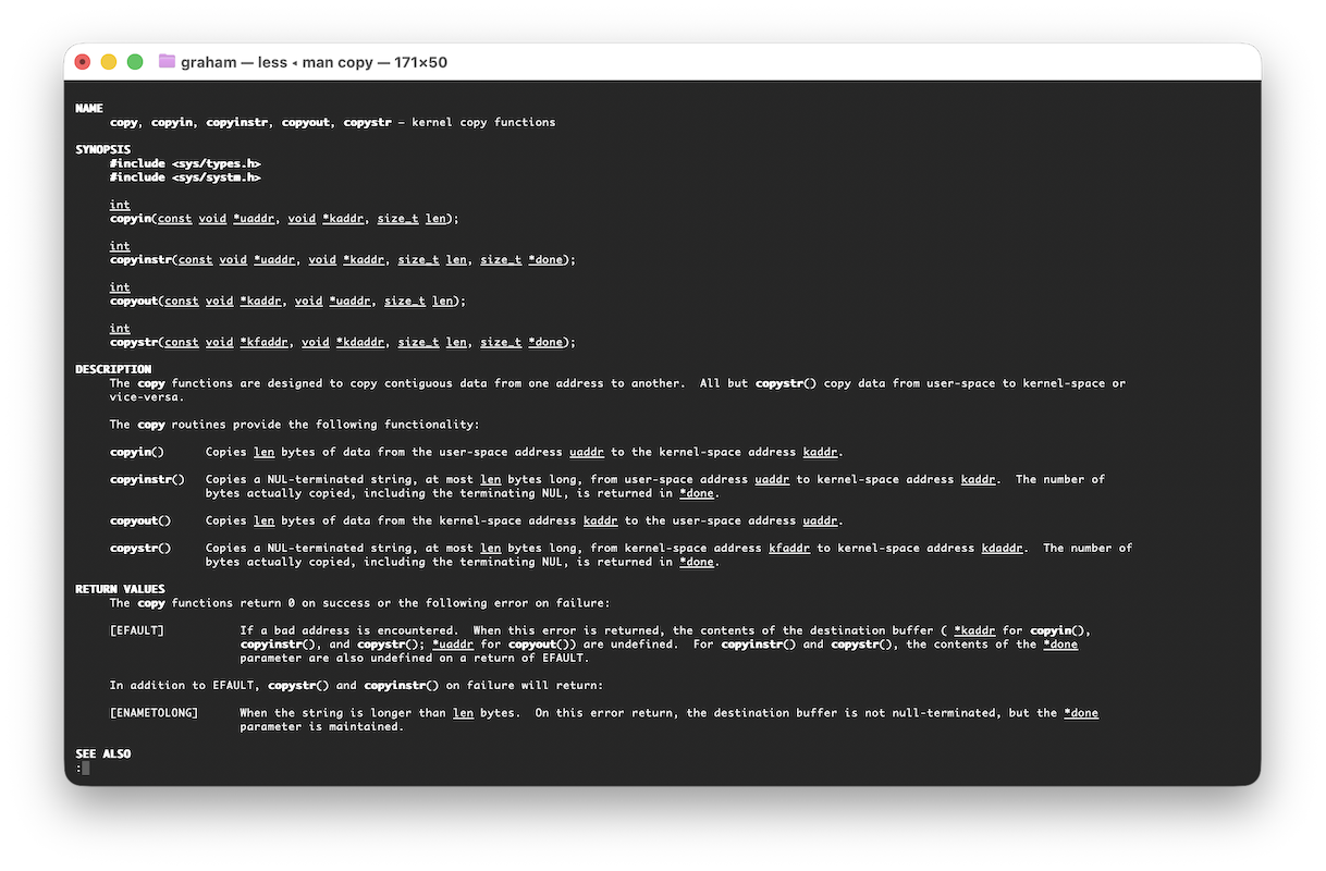 Terminal showing man command display