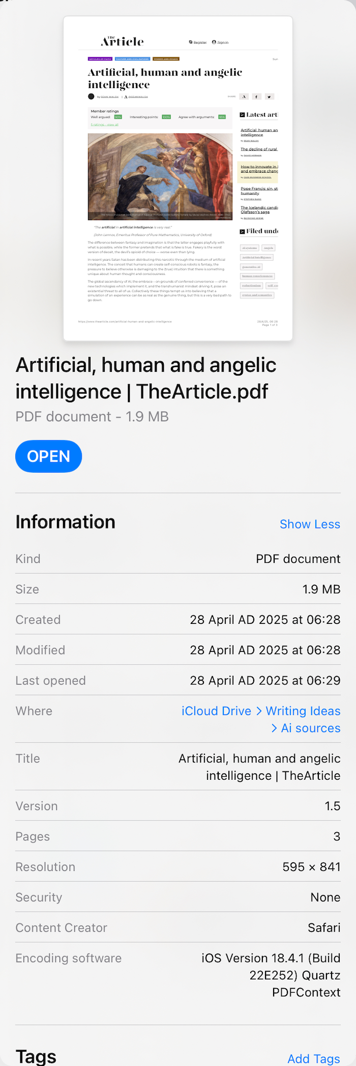 file information on the iPad Pro