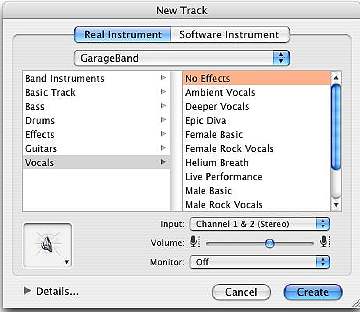 GarageBand select track panel