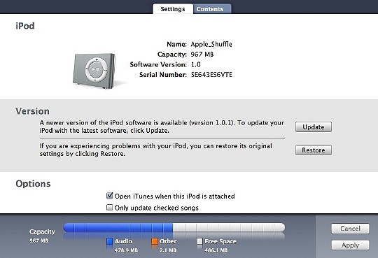 iTunes data for iPod shuffle